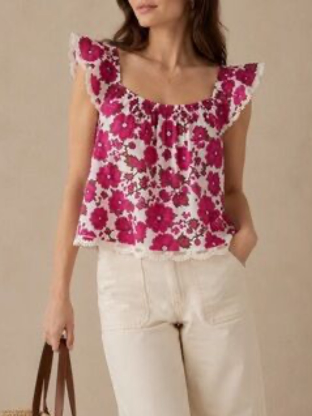 Jennifer and grace women’s Floral Ruffle Sleeve Cotton Top Sz L cottage crochet